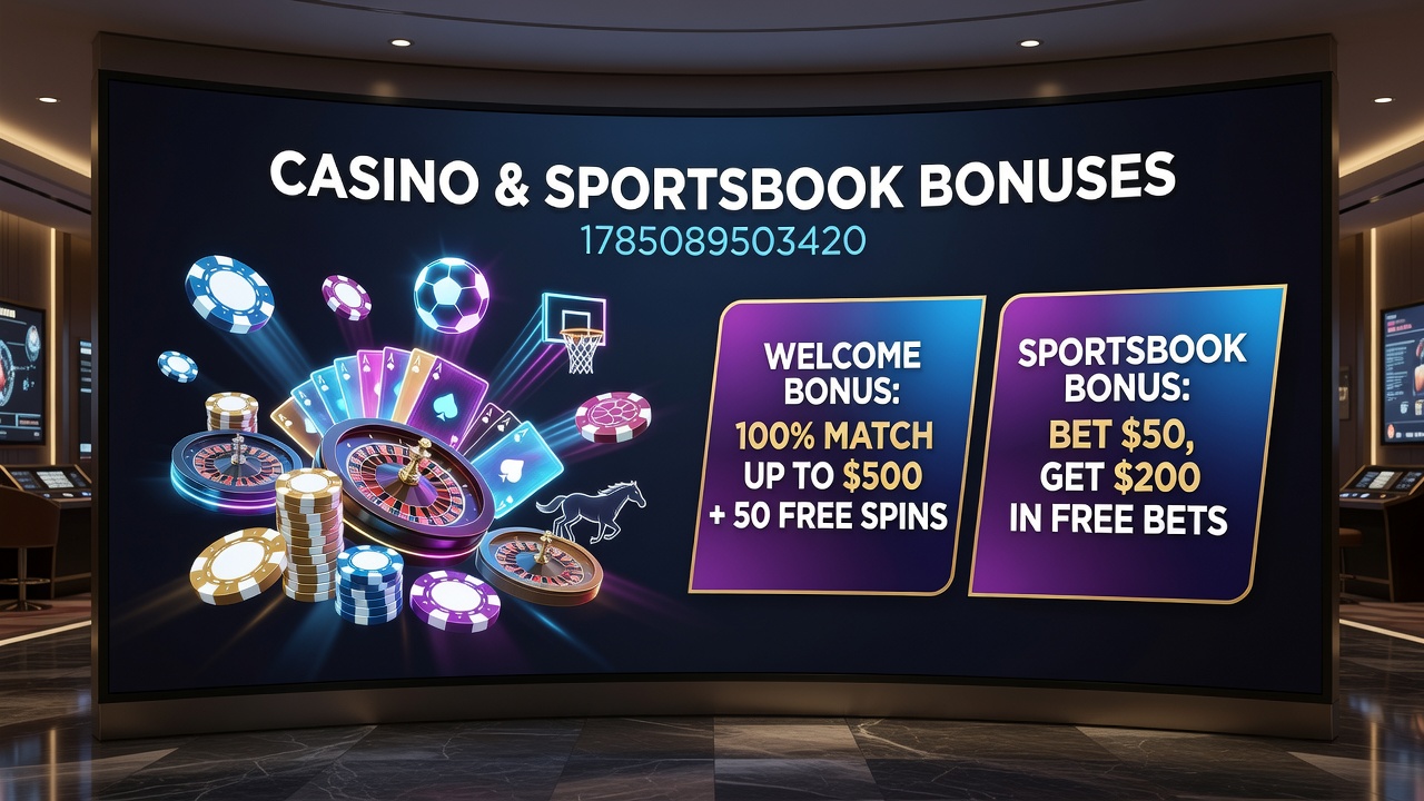 Overview of casino and sportsbook bonus structures displayed on digital screens