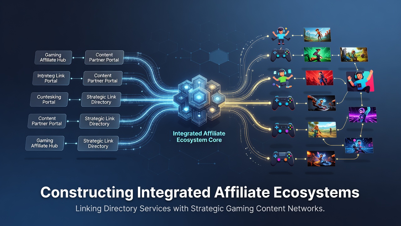 Diagram showing interconnected directory services and gaming content networks forming an affiliate ecosystem