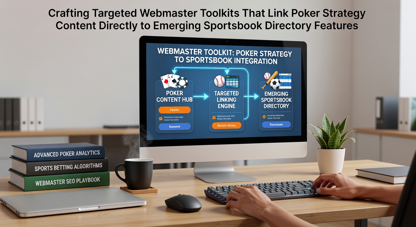 Webmaster reviewing poker strategy integration with sportsbook directory tools on a laptop screen