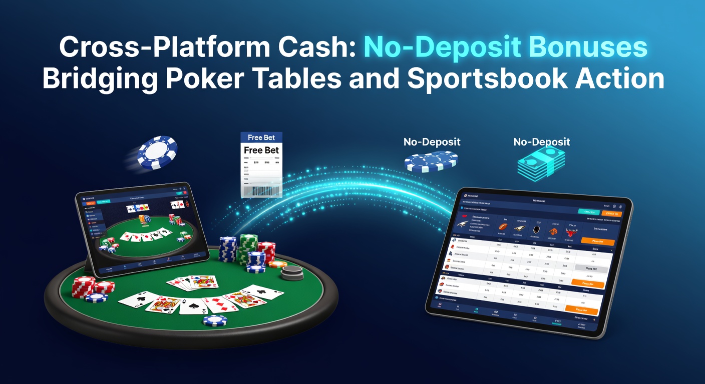Digital graphic showing interconnected poker chips and sports betting tickets linked by golden bonus cash flowing between platforms