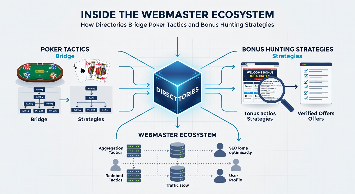 Directory interface displaying poker tactics linked to current bonus offers for webmasters