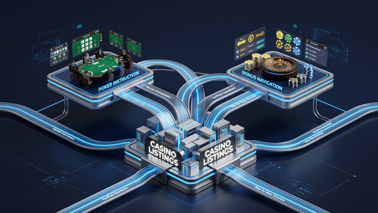 Poker strategy overview page within a casino directory connected to bonus terms