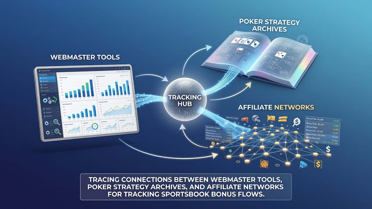 Illustration of interconnected digital systems showing webmaster tools, poker archives, and affiliate networks tracking bonus flows
