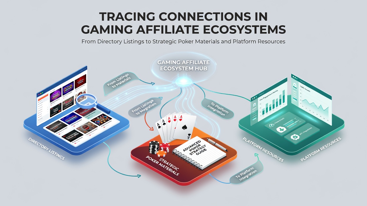 Network diagram illustrating links between gaming directories, affiliate programs, poker strategy resources, and platform tools