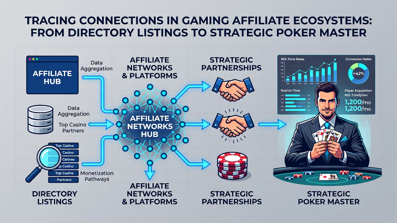 Flowchart of affiliate ecosystem pathways linking poker strategy content to platform dashboards and directory entries